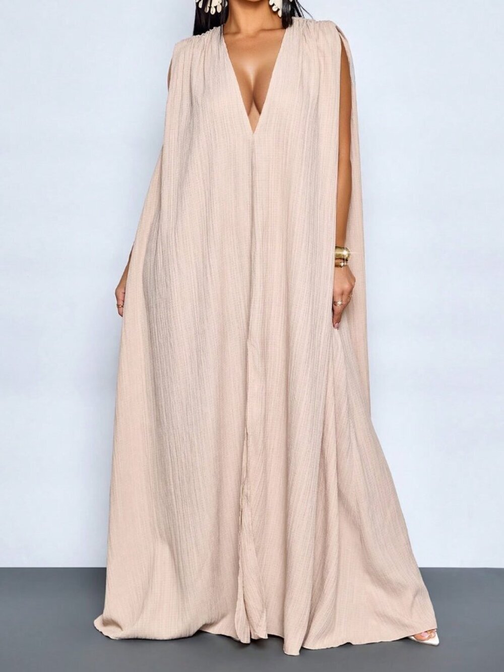 Khaki Boho Casual Women's Tropical Deep V Neck Backless Maxi Dress - Picture 7 of 8
